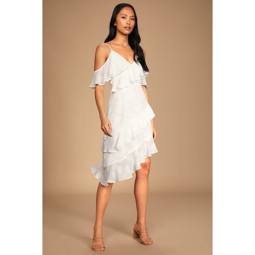 White Ruffled Asymmetrical Dress with Cold-Shoulder Sleeves - Women’s Size Large